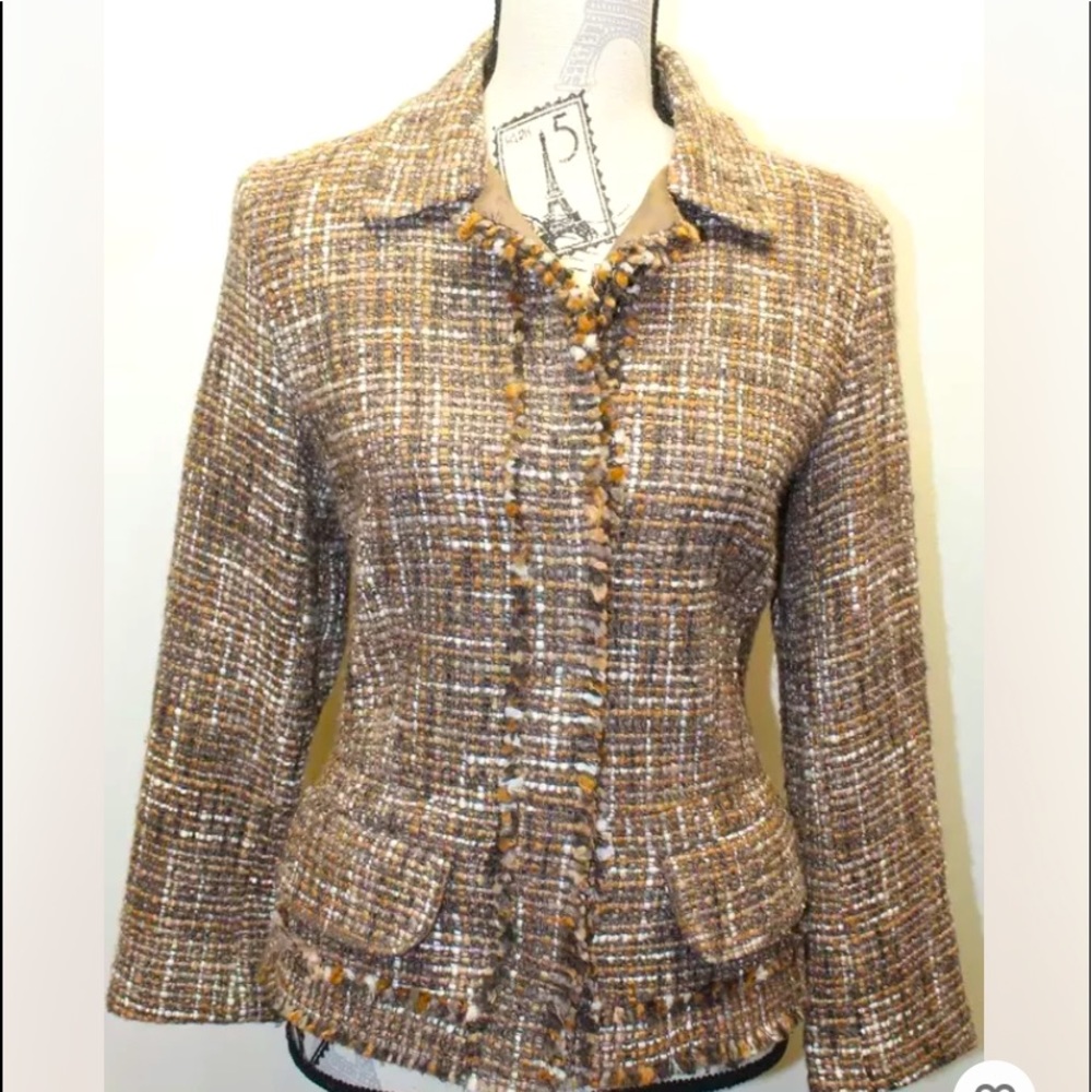 Perry Ellis Tweed Women Brown Blazer Size 8 Wool